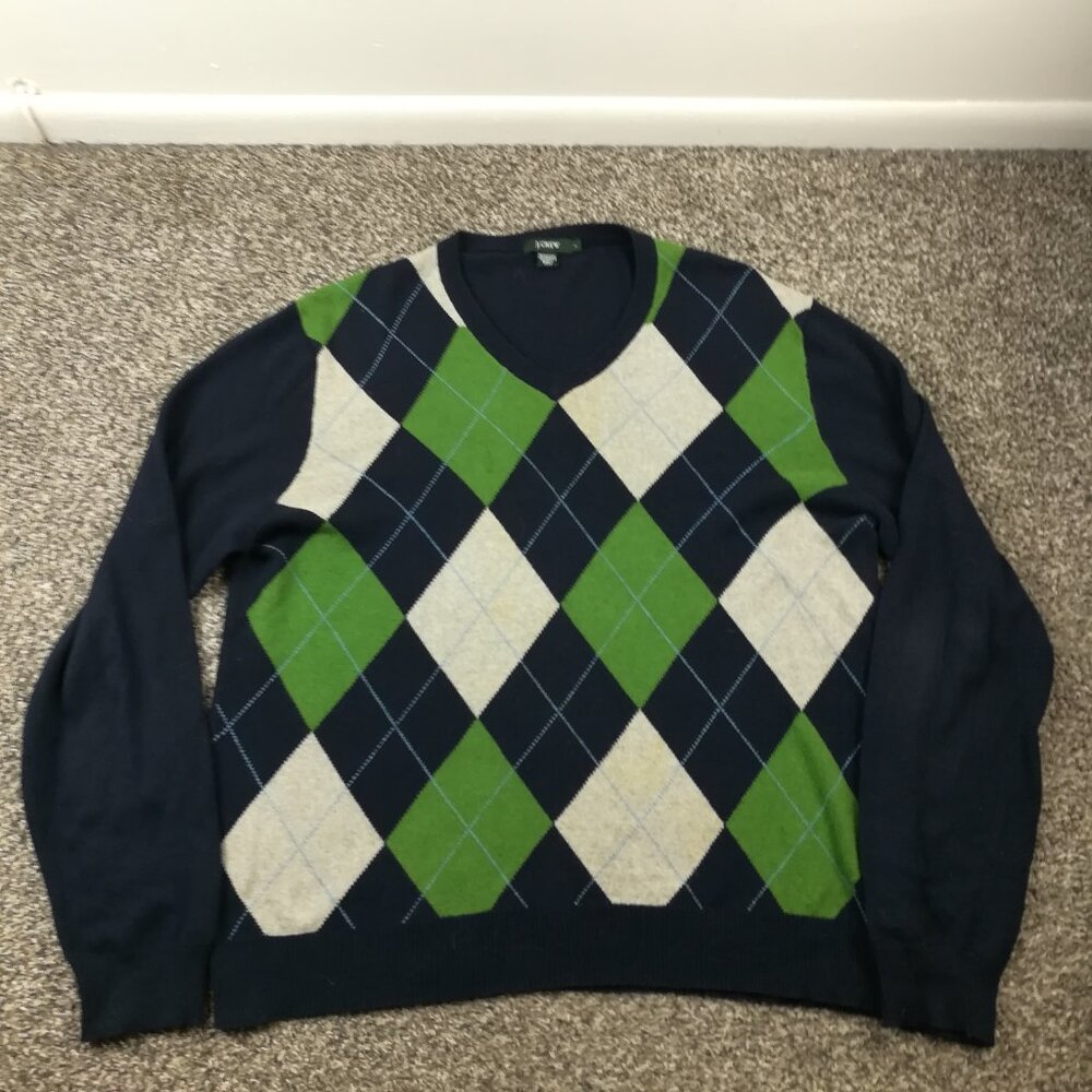 Vintage 2005 J Crew Sweater Cotton Cashmere Argyle Blue Green Mens Large *Flaw